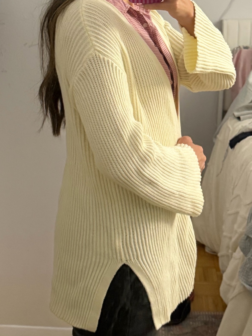 J. Crew Long Cream Ribbed Open Cardigan with Side Slits
